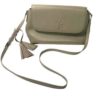 Tory Burch Thea Messenger Cross Body Bag French Gray Pebbled Leather w/Tassels